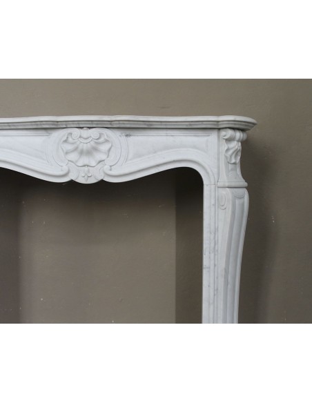 065 LOUIS XV "TROIS COQUILLES" FIREPLACE MANTEL CARVED IN GORGEOUS WHITE CARRARA "P" MARBLE
