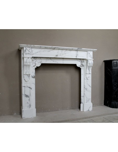 408 LOUIS PHILIPPE "PALMETTES AMÉLIORÉ" FIREPLACE CARVED IN STUNNING ITALIAN ARABESCATO STATUARY MARBLE