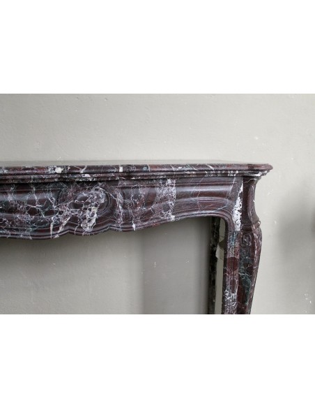 062 ANTIQUE LOUIS XV POMPADOUR "PIED GALBÉ" FIREPLACE MANTEL CARVED IN RARE AND ELEGANT RED LEVANTO MARBLE