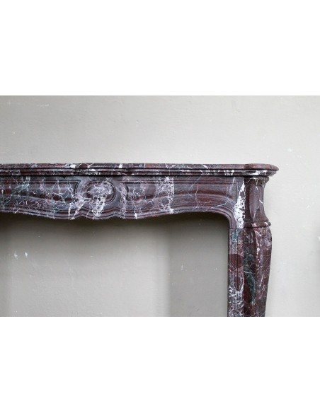 062 ANTIQUE LOUIS XV POMPADOUR "PIED GALBÉ" FIREPLACE MANTEL CARVED IN RARE AND ELEGANT RED LEVANTO MARBLE