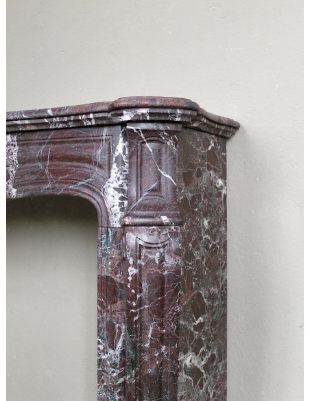 062 ANTIQUE LOUIS XV POMPADOUR "PIED GALBÉ" FIREPLACE MANTEL CARVED IN RARE AND ELEGANT RED LEVANTO MARBLE