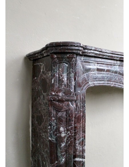 062 ANTIQUE LOUIS XV POMPADOUR "PIED GALBÉ" FIREPLACE MANTEL CARVED IN RARE AND ELEGANT RED LEVANTO MARBLE