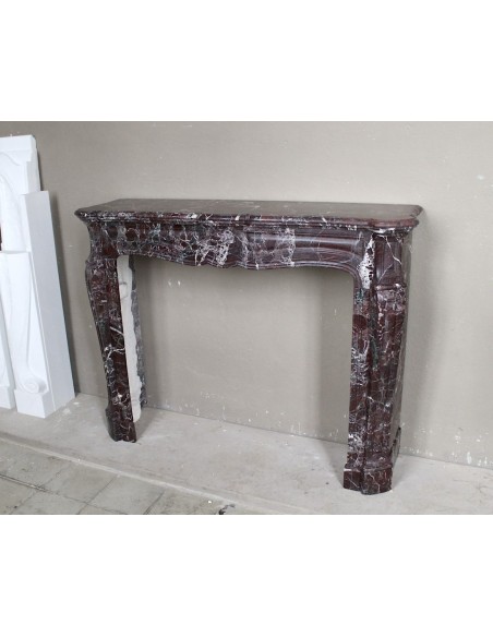 062 ANTIQUE LOUIS XV POMPADOUR "PIED GALBÉ" FIREPLACE MANTEL CARVED IN RARE AND ELEGANT RED LEVANTO MARBLE