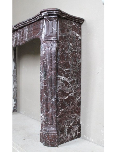 062 ANTIQUE LOUIS XV POMPADOUR "PIED GALBÉ" FIREPLACE MANTEL CARVED IN RARE AND ELEGANT RED LEVANTO MARBLE