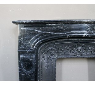 Antique fireplace carved out of black Marquinia marble, with white veins, elegant and impressive. 2