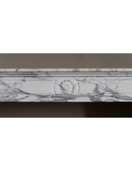 216 LOUIS XVI “DÉMI-LUNE MARGUERITE” FIREPLACE MANTEL IN STUNNING WHITE ARABESCATO MARBLE