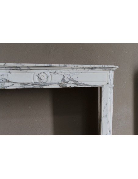 216 LOUIS XVI “DÉMI-LUNE MARGUERITE” FIREPLACE MANTEL IN STUNNING WHITE ARABESCATO MARBLE