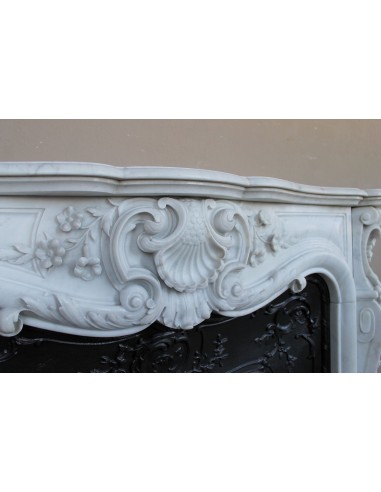 Exceptional antique Baroque fireplace mantel in white marble with floral carvings and its original cast iron insert.