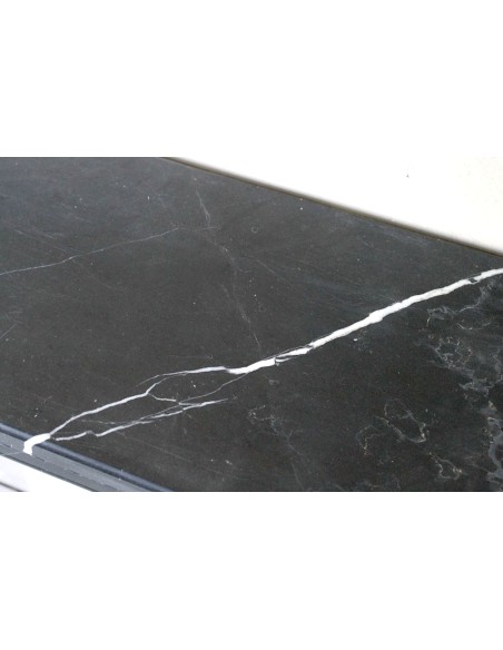 Neoclassical “Deux Roses” fireplace mantel carved in Black Marquinia marble with white veins, a true little gem.