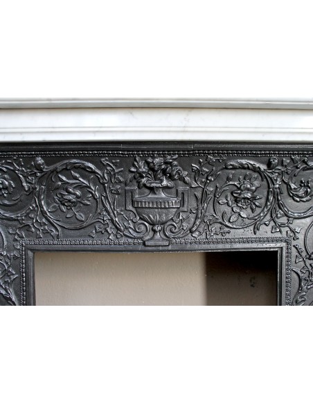 258 AG LOUIS XVI "TROIS FLEURS PERLÉ" FIREPLACE MANTEL CARVED IN "PURE WHITE" CARRARA MARBLE