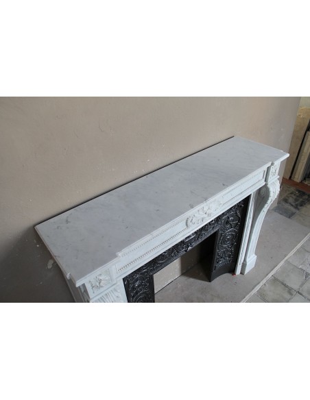 258 AG LOUIS XVI "TROIS FLEURS PERLÉ" FIREPLACE MANTEL CARVED IN "PURE WHITE" CARRARA MARBLE
