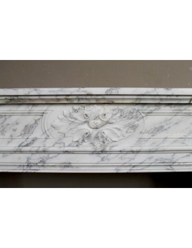 Neoclassical fire surround in Statuary Arabescato marble featuring soft gray veins on a white background.