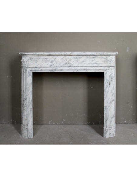 Neoclassical fire surround in Statuary Arabescato marble featuring soft gray veins on a white background.