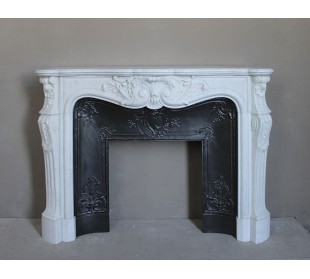 Antique Louis XV "Rosaces" fireplace mantel carved in top-quality White Carrara marble, extremely pure and refined.