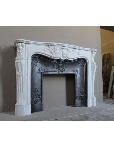 Antique Louis XV "Rosaces" fireplace mantel carved in top-quality White Carrara marble, extremely pure and refined.