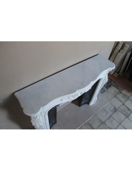 081 AG ANTIQUE LOUIS XV "ROSACES” FIREPLACE MANTEL CARVED IN PURE WHITE CARRARA MARBLE