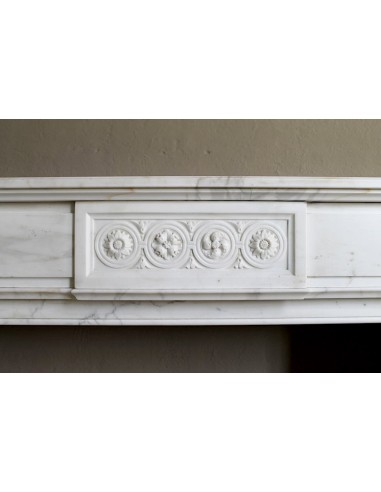 Antique neoclassical "Macaron" mantelpiece carved in Statuary Carrara marble, with exquisite architectural design.