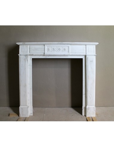 Antique neoclassical "Macaron" mantelpiece carved in Statuary Carrara marble, with exquisite architectural design.