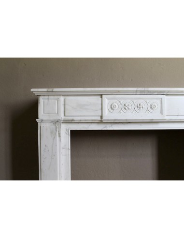 Antique neoclassical "Macaron" mantelpiece carved in Statuary Carrara marble, with exquisite architectural design.
