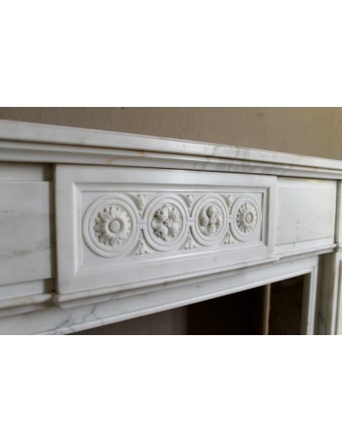 Antique neoclassical "Macaron" mantelpiece carved in Statuary Carrara marble, with exquisite architectural design.