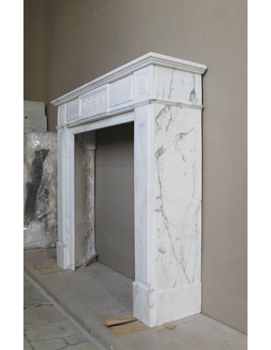 Antique neoclassical "Macaron" mantelpiece carved in Statuary Carrara marble, with exquisite architectural design.