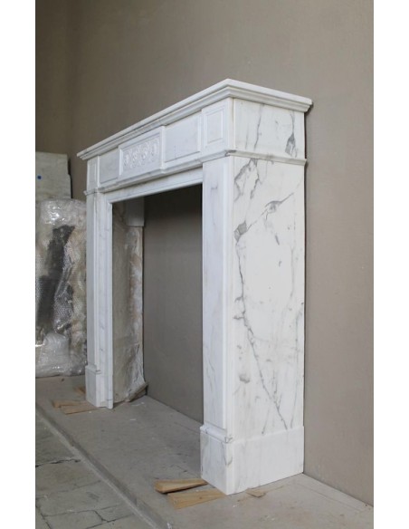 Antique neoclassical "Macaron" mantelpiece carved in Statuary Carrara marble, with exquisite architectural design.