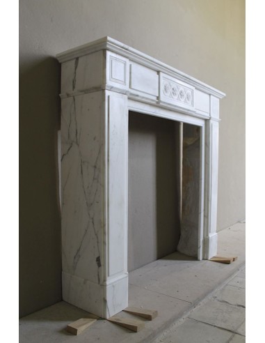 Antique neoclassical "Macaron" mantelpiece carved in Statuary Carrara marble, with exquisite architectural design.