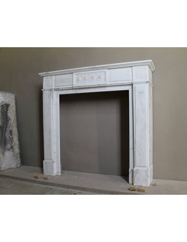 Antique neoclassical "Macaron" mantelpiece carved in Statuary Carrara marble, with exquisite architectural design.
