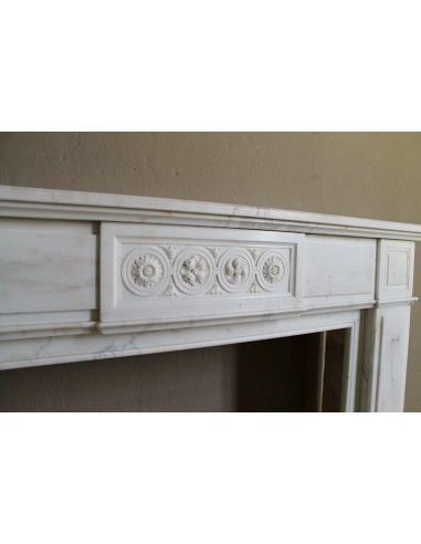 Antique neoclassical "Macaron" mantelpiece carved in Statuary Carrara marble, with exquisite architectural design.