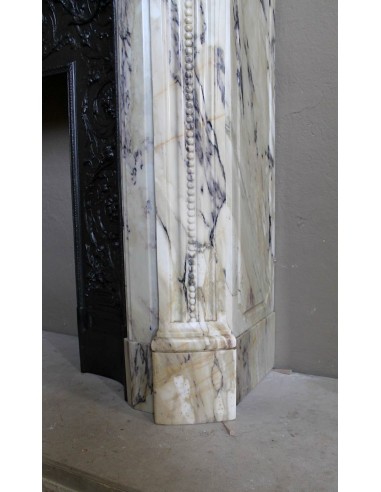Neoclassical mantelpiece in veined Statuary marble with tones from white to beige to violet, with its original cast iron insert.
