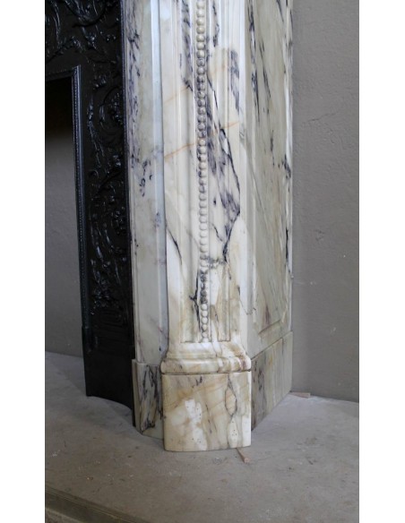 Neoclassical mantelpiece in veined Statuary marble with tones from white to beige to violet, with its original cast iron insert.