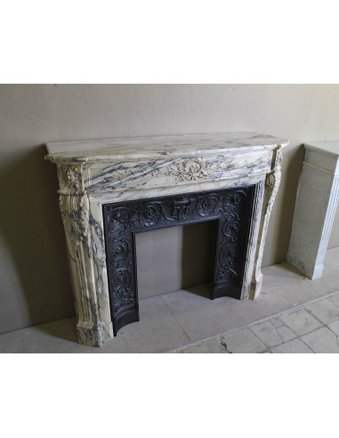 Neoclassical mantelpiece in veined Statuary marble with tones from white to beige to violet, with its original cast iron insert.
