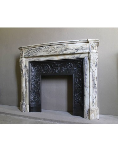 Neoclassical mantelpiece in veined Statuary marble with tones from white to beige to violet, with its original cast iron insert.