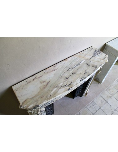 Neoclassical mantelpiece in veined Statuary marble with tones from white to beige to violet, with its original cast iron insert.