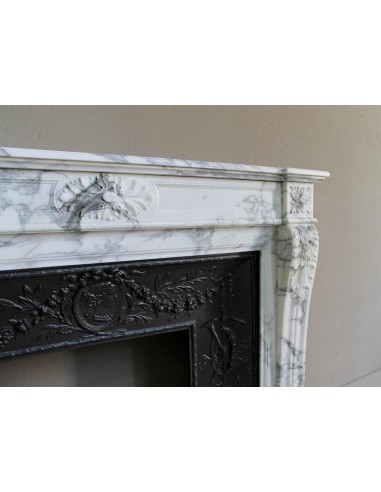 Neoclassical “Trois Fleurs” fireplace mantel in white veined marble, provided with its original cast iron insert.