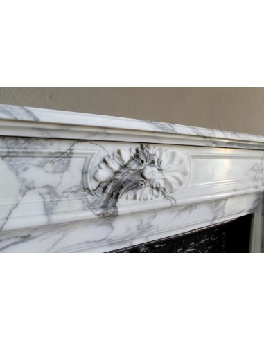 Neoclassical “Trois Fleurs” fireplace mantel in white veined marble, provided with its original cast iron insert.