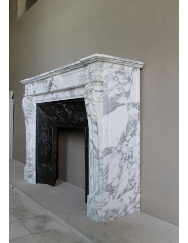 Neoclassical “Trois Fleurs” fireplace mantel in white veined marble, provided with its original cast iron insert.