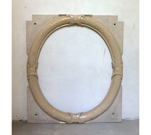 Antique Art Deco style fireplace mantel, carved in taupe marble. This suspended oeil de boeuf mantelpiece is totally original.