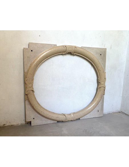 Antique Art Deco style fireplace mantel, carved in taupe marble. This suspended oeil de boeuf mantelpiece is totally original.