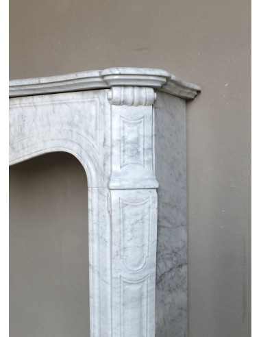 Antique Louis XV Pompadour "Pied Galbé" fireplace mantel in white marble offered at a low discounted price.