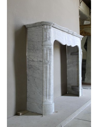 Antique Louis XV Pompadour "Pied Galbé" fireplace mantel in white marble offered at a low discounted price.