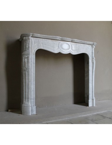 Antique Louis XV Pompadour "Pied Galbé" fireplace mantel in white marble offered at a low discounted price.
