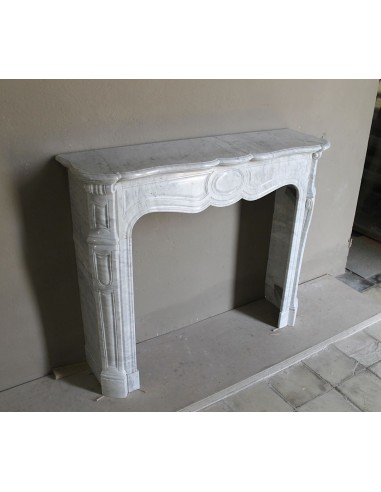Antique Louis XV Pompadour "Pied Galbé" fireplace mantel in white marble offered at a low discounted price.