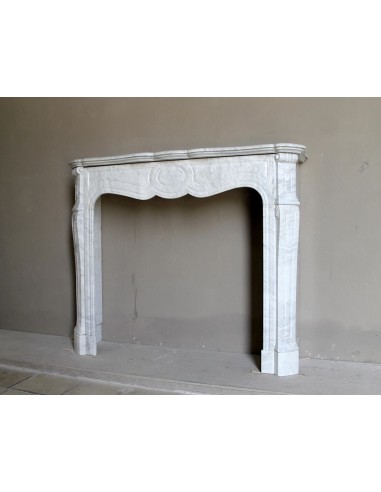 Antique Louis XV Pompadour "Pied Galbé" fireplace mantel in white marble offered at a low discounted price.