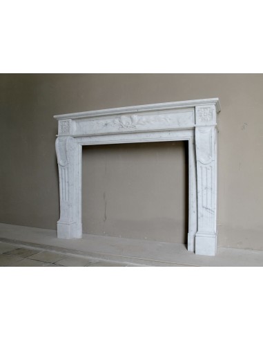 Louis XVI “Olive Branch” fireplace mantel with floral carvings in white marble, mid 20th century, offered at a discounted price.