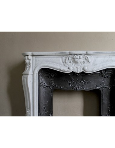 Floral Louis XV fireplace mantel carved in white marble, with shell decorations, complete with its original cast iron insert.
