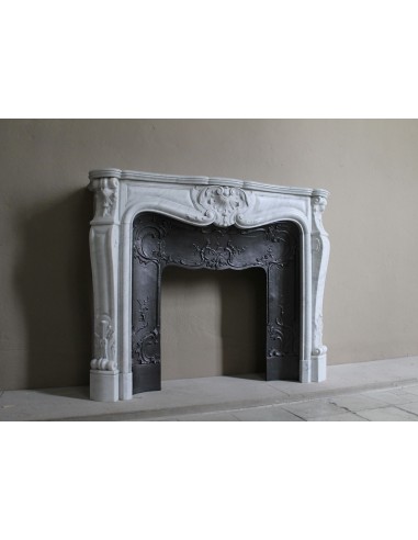 Floral Louis XV fireplace mantel carved in white marble, with shell decorations, complete with its original cast iron insert.