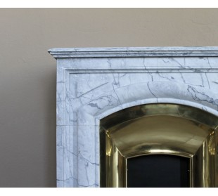 Small "Boudin" fireplace mantel in blue-toned marble with its original gilded brass insert featuring a sliding shutter. 2