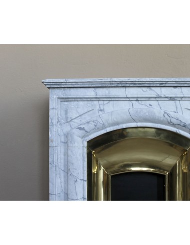 Small "Boudin" fireplace mantel in blue-toned marble with its original gilded brass insert featuring a sliding shutter.
