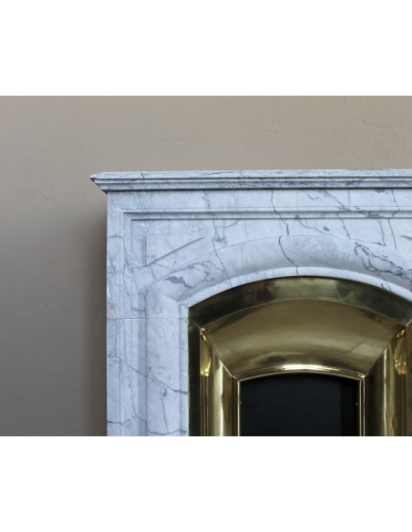Small "Boudin" fireplace mantel in blue-toned marble with its original gilded brass insert featuring a sliding shutter.
